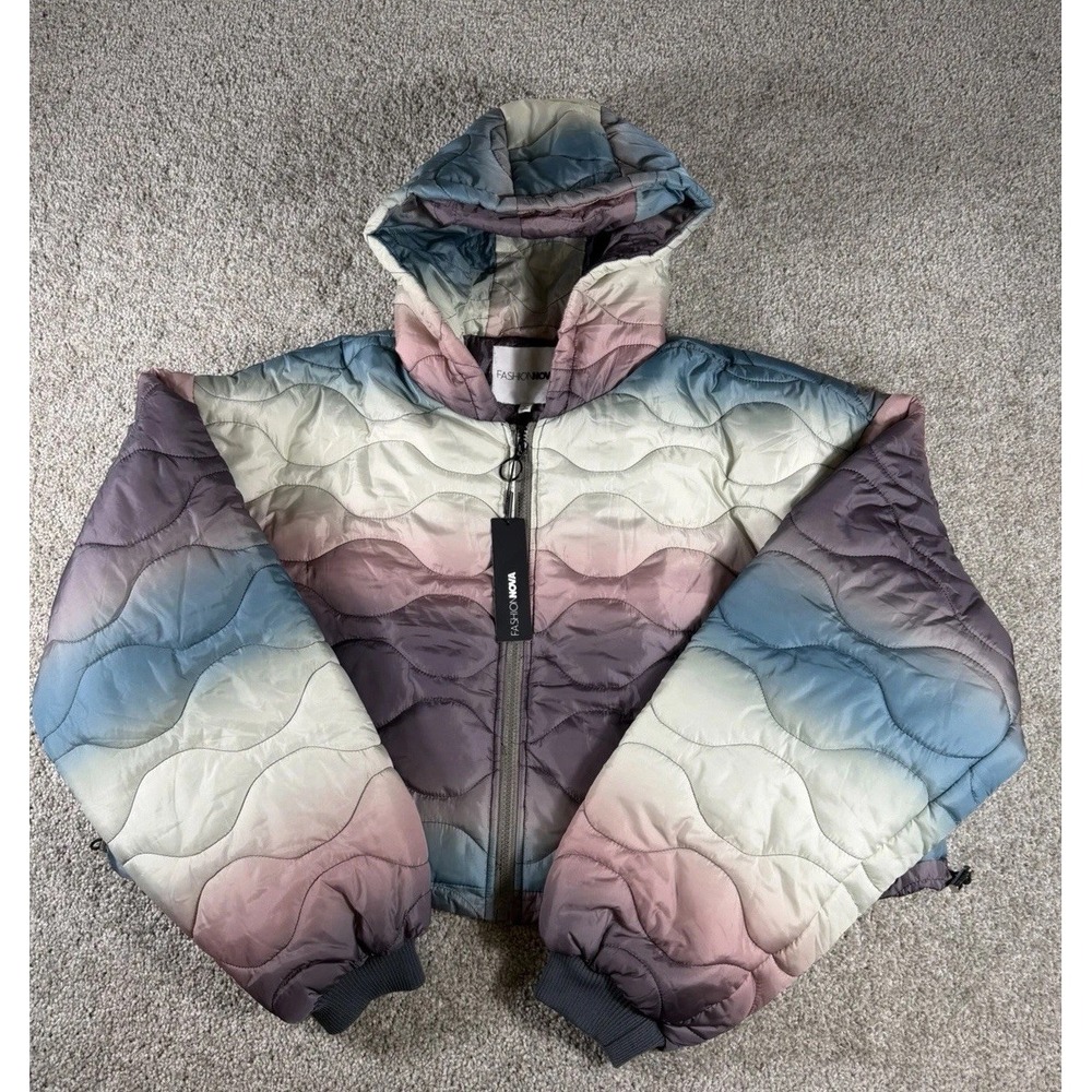 Fashion Nova Lift Me Up Puffer Jacket Size M MultiColor Ombre Hooded NWT